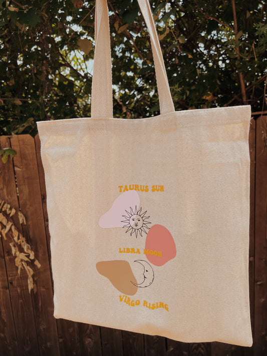 natural tote bag with astrological designs
