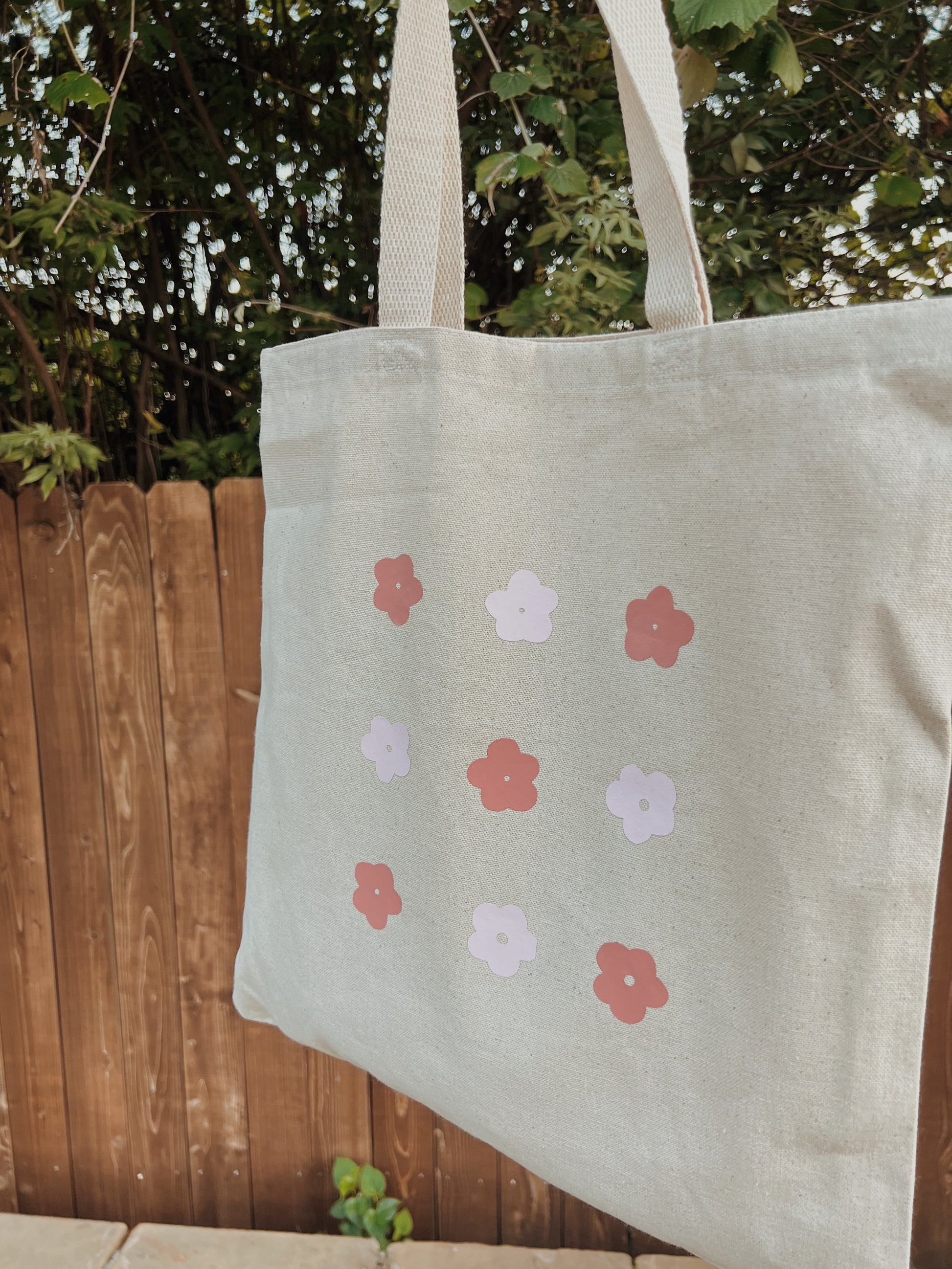 natural tote bag with pink flowers 